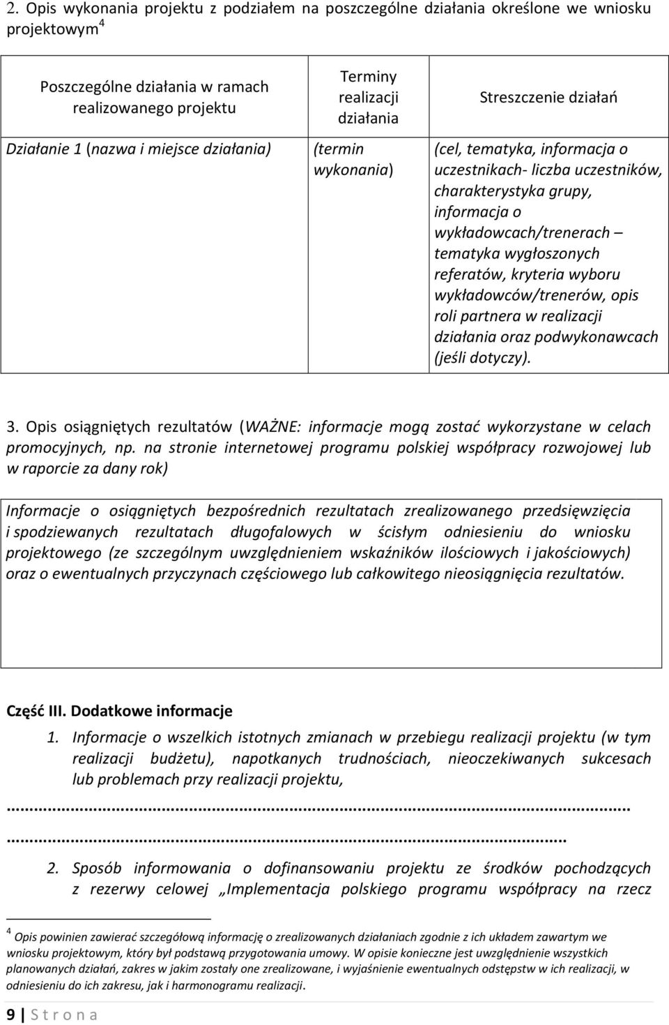 wygłoszonych referatów, kryteria wyboru wykładowców/trenerów, opis roli partnera w realizacji działania oraz podwykonawcach (jeśli dotyczy). 3.
