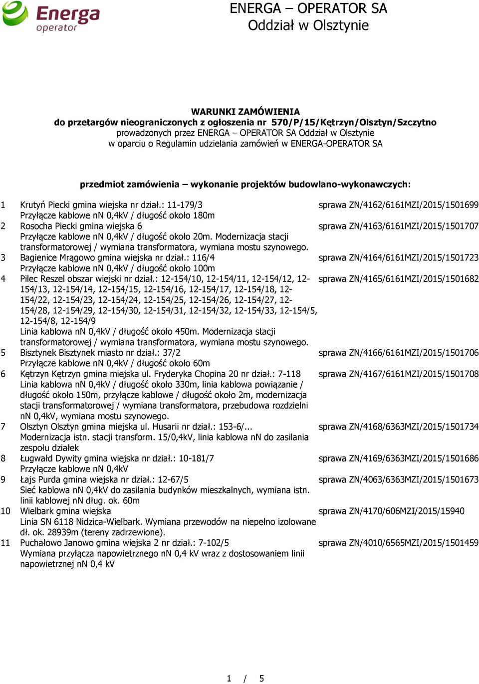 : 11-179/3 sprawa ZN/4162/6161MZI/2015/1501699 Przyłącze kablowe nn 0,4kV / długość około 180m 2 Rosocha Piecki gmina wiejska 6 sprawa ZN/4163/6161MZI/2015/1501707 Przyłącze kablowe nn 0,4kV /