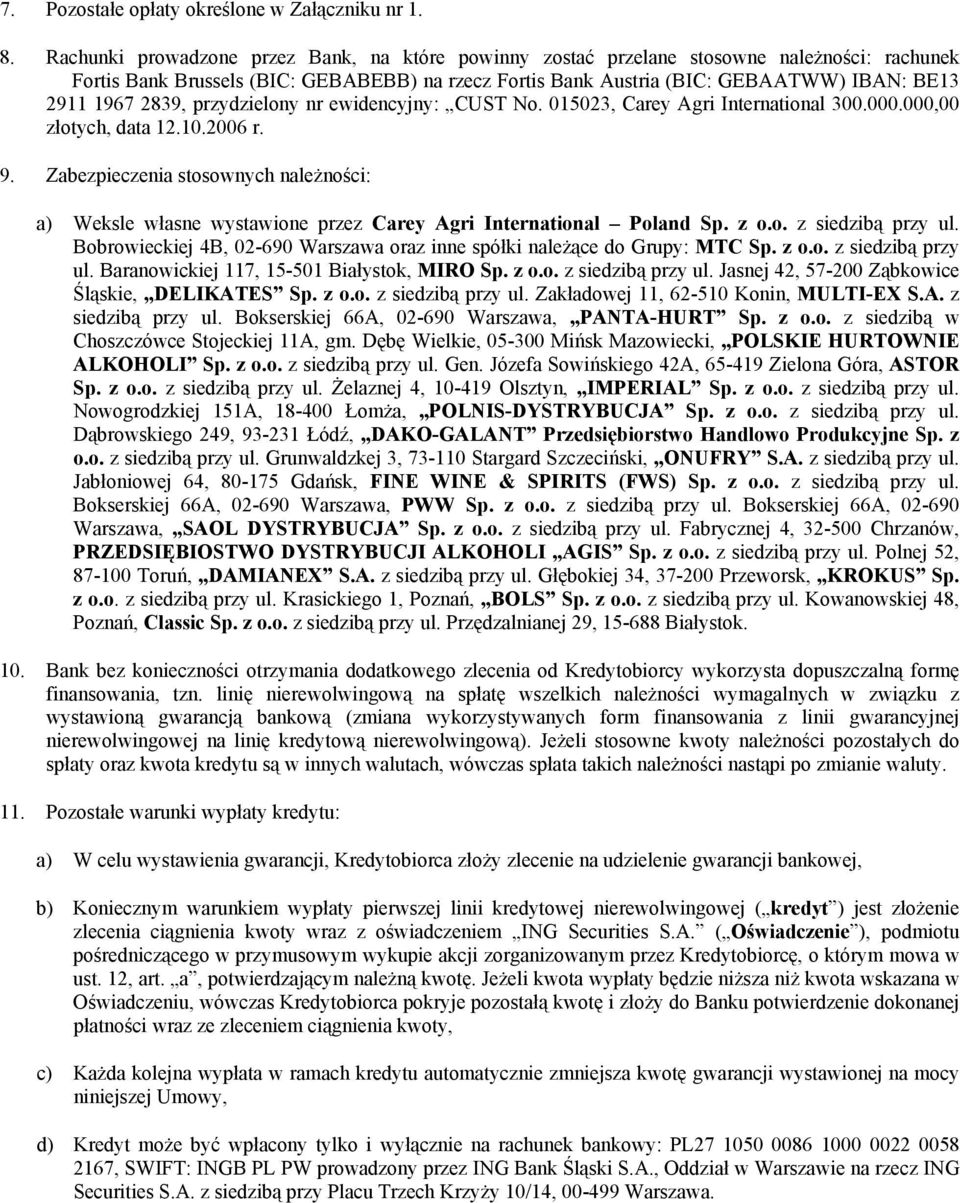 2839, przydzielony nr ewidencyjny: CUST No. 015023, Carey Agri International 300.000.000,00 złotych, data 12.10.2006 r. 9.