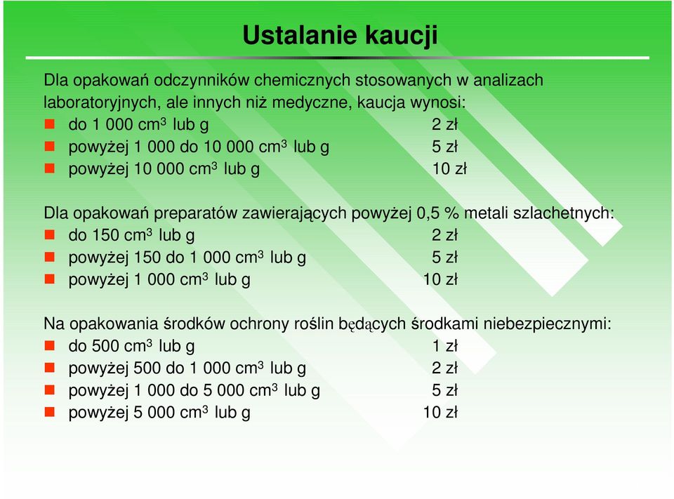 szlachetnych: do 150 cm 3 lub g 2 zł powyŝej 150 do 1 000 cm 3 lub g 5 zł powyŝej 1 000 cm 3 lub g 10 zł Na opakowania środków ochrony roślin