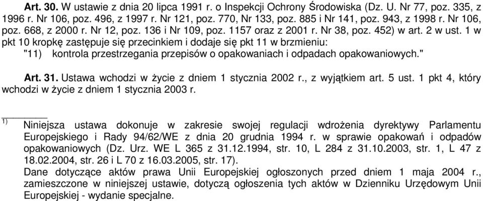 1 w pkt 10 kropkę zastępuje się przecinkiem i dodaje się pkt 11 w brzmieniu: "11) kontrola przestrzegania przepisów o opakowaniach i odpadach opakowaniowych." Art. 31.