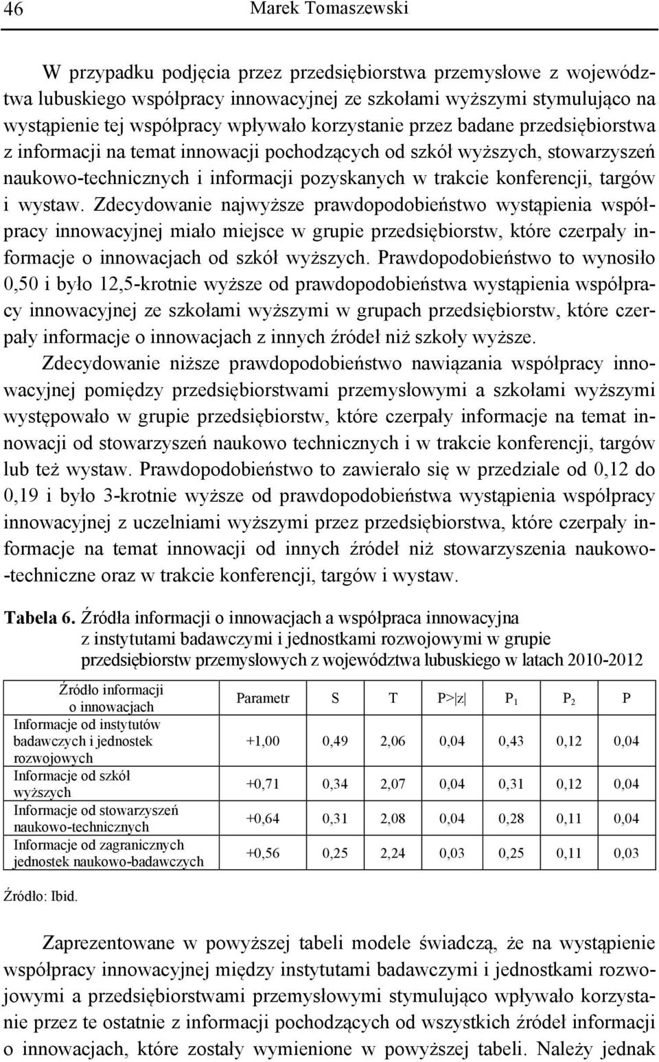 Zdecydowanie najwyższe prawdopodobieństwo wystąpienia współpracy innowacyjnej miało miejsce w grupie przedsiębiorstw, które czerpały informacje o innowacjach od szkół wyższych.