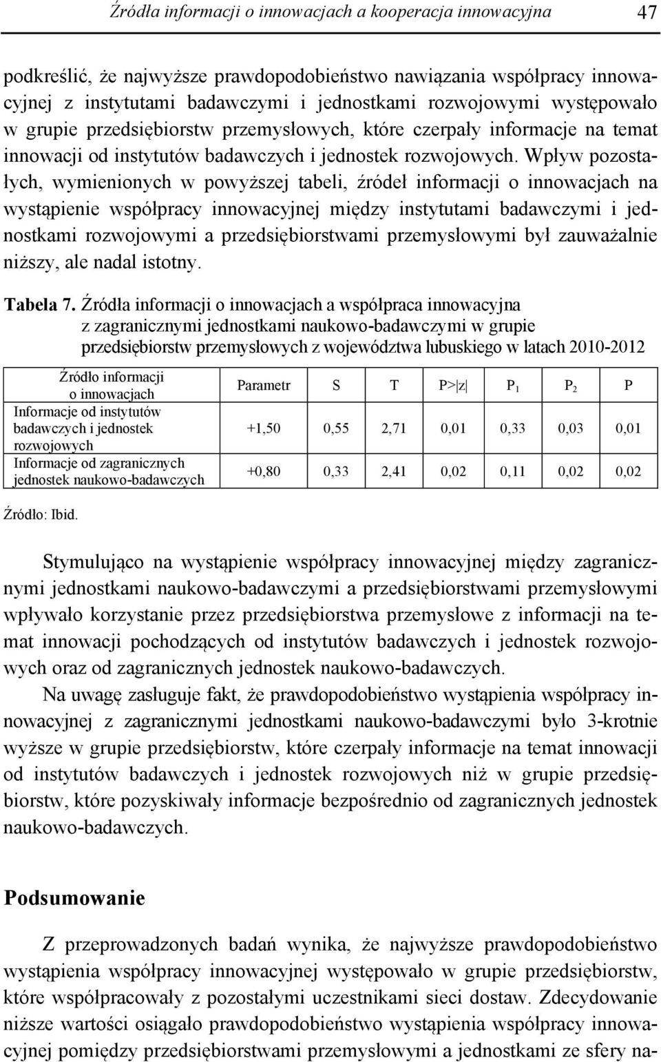 Wpływ pozostałych, wymienionych w powyższej tabeli, źródeł informacji o innowacjach na wystąpienie współpracy innowacyjnej między instytutami badawczymi i jednostkami rozwojowymi a przedsiębiorstwami