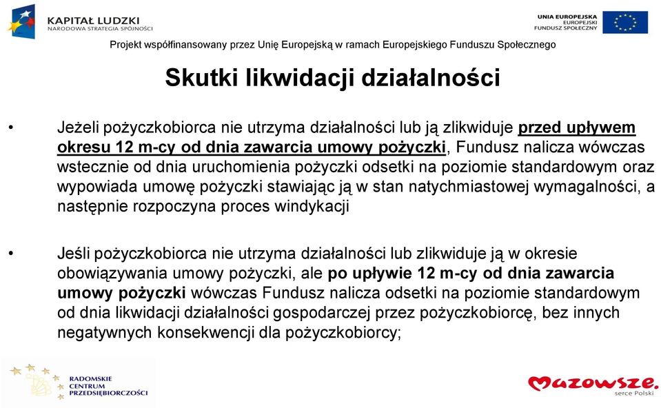 rozpoczyna proces windykacji Jeśli pożyczkobiorca nie utrzyma działalności lub zlikwiduje ją w okresie obowiązywania umowy pożyczki, ale po upływie 12 m-cy od dnia zawarcia umowy