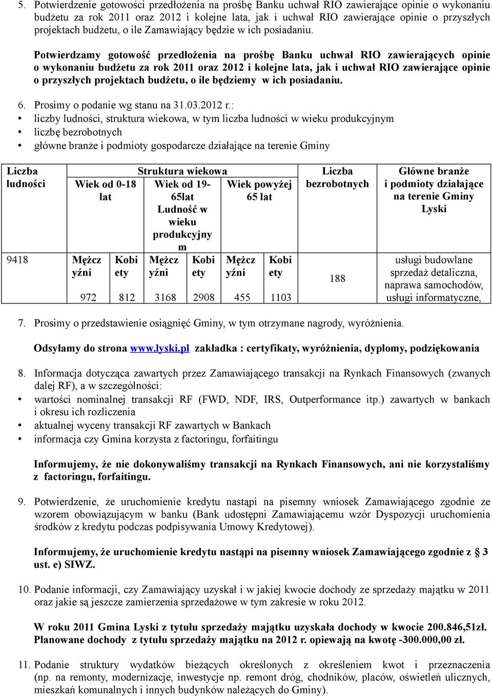 Potwierdzamy gotowość przedłożenia na prośbę Banku uchwał RIO zawierających opinie o wykonaniu budżetu za rok 2011 oraz 2012 i kolejne lata, jak i uchwał RIO zawierające opinie o przyszłych