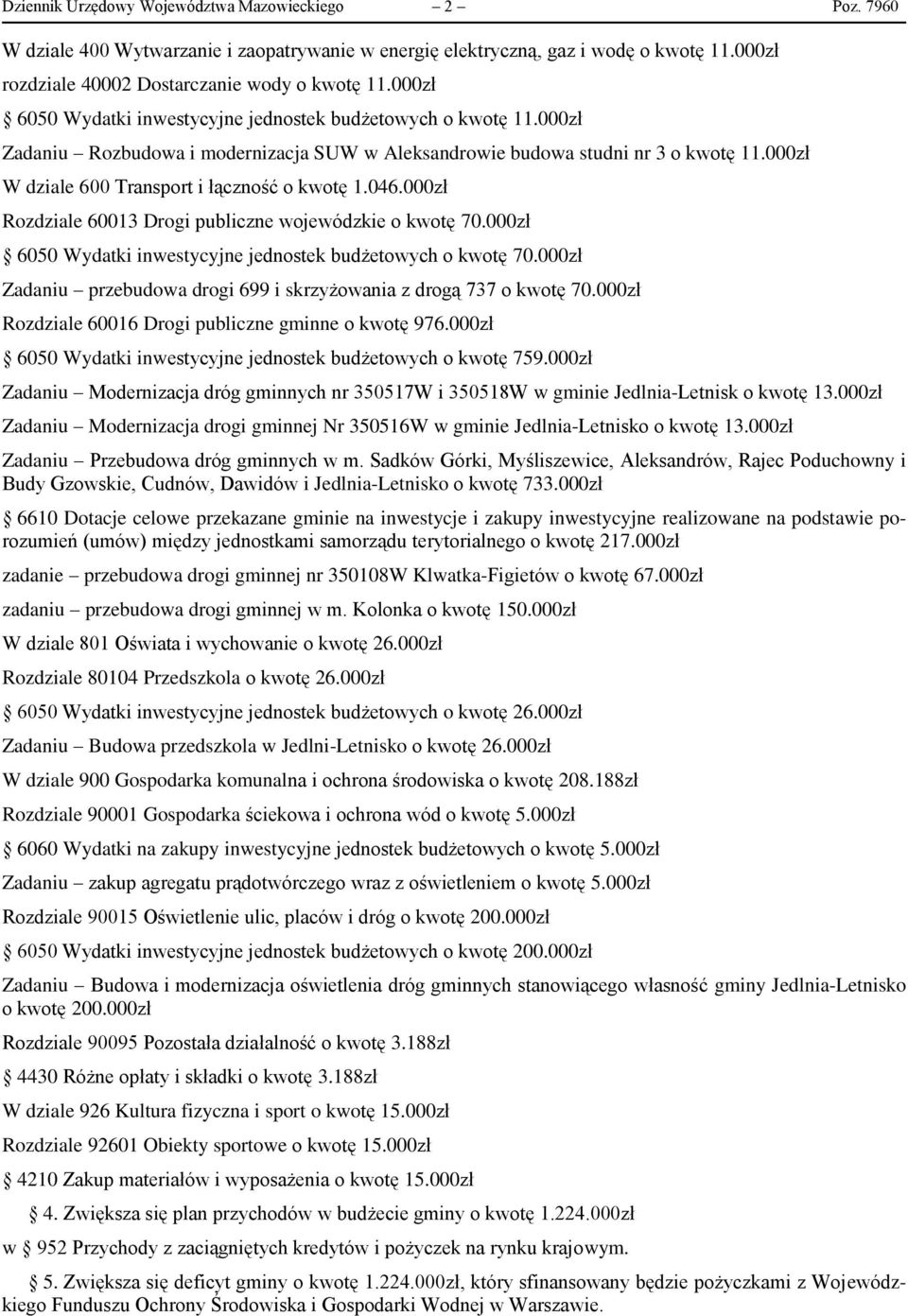 000zł W dziale 600 Transport i łączność o kwotę 1.046.000zł Rozdziale 60013 Drogi publiczne wojewódzkie o kwotę 70.000zł 6050 Wydatki inwestycyjne jednostek budżetowych o kwotę 70.