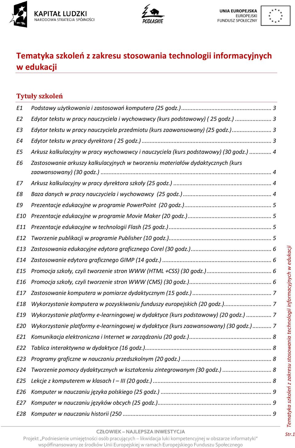 )... 3 E5 Arkusz kalkulacyjny w pracy wychowawcy i nauczyciela (kurs podstawowy) (30 godz.)... 4 E6 Zastosowanie arkuszy kalkulacyjnych w tworzeniu materiałów dydaktycznych (kurs zaawansowany) (30 godz.