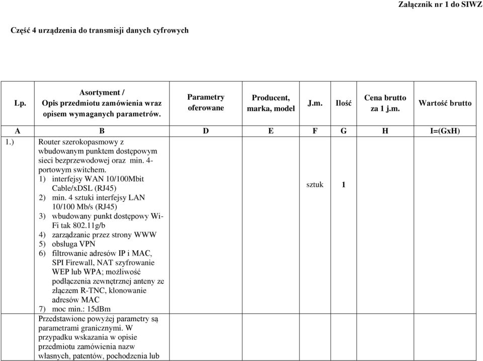 1) interfejsy WAN 10/100Mbit Cable/xDSL (RJ45) 2) min. 4 sztuki interfejsy LAN 10/100 Mb/s (RJ45) 3) wbudowany punkt dostępowy Wi- Fi tak 802.