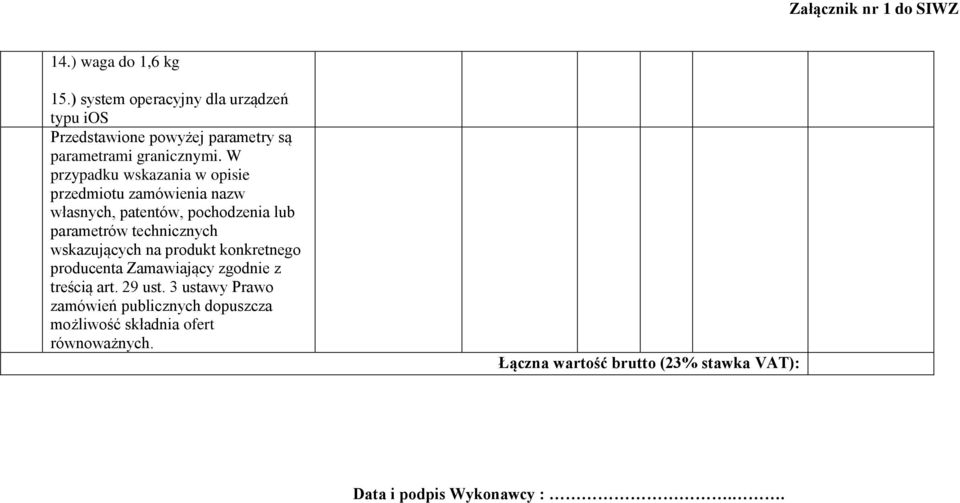 W przypadku wskazania w opisie przedmiotu zamówienia nazw własnych, patentów, pochodzenia lub parametrów technicznych