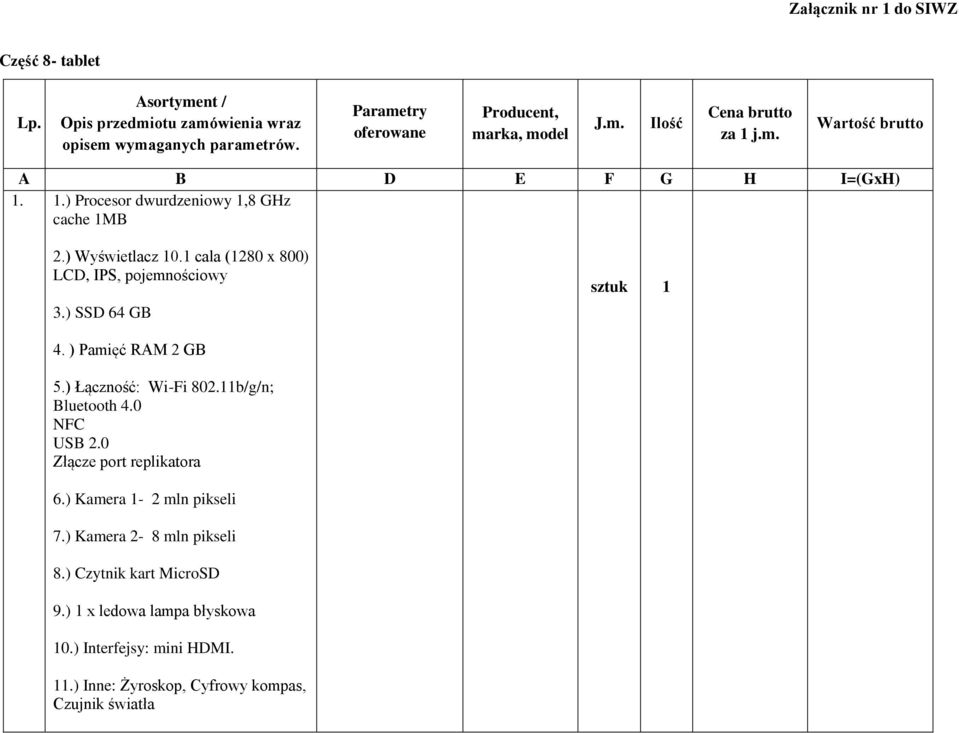 ) SSD 64 GB 4. ) Pamięć RAM 2 GB 5.) Łączność: Wi-Fi 802.11b/g/n; Bluetooth 4.0 NFC USB 2.0 Złącze port replikatora 6.) Kamera 1-2 mln pikseli 7.