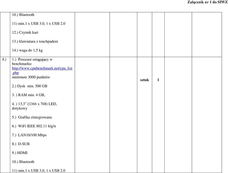 500 GB 3. ) RAM min. 4 GB, 4. ) 13,3 (1366 x 768) LED, dotykowy 5.) Grafika zintegrowana 6.