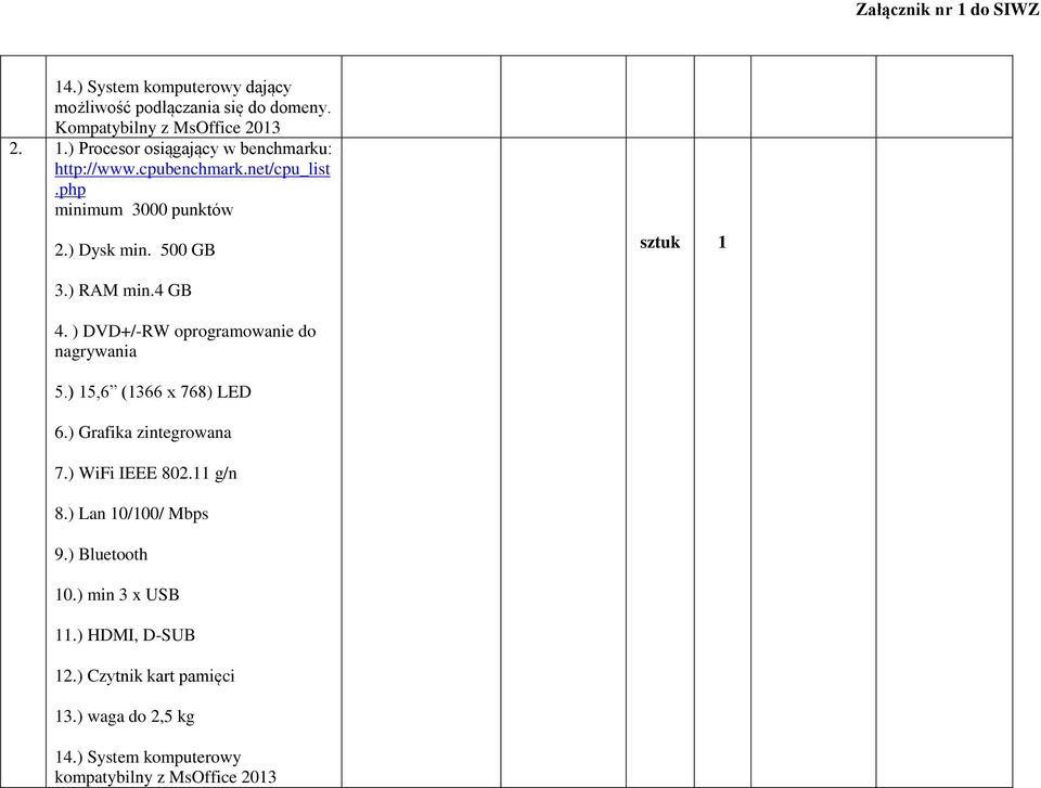 ) DVD+/-RW oprogramowanie do nagrywania 5.) 15,6 (1366 x 768) LED 6.) Grafika zintegrowana 7.) WiFi IEEE 802.11 g/n 8.