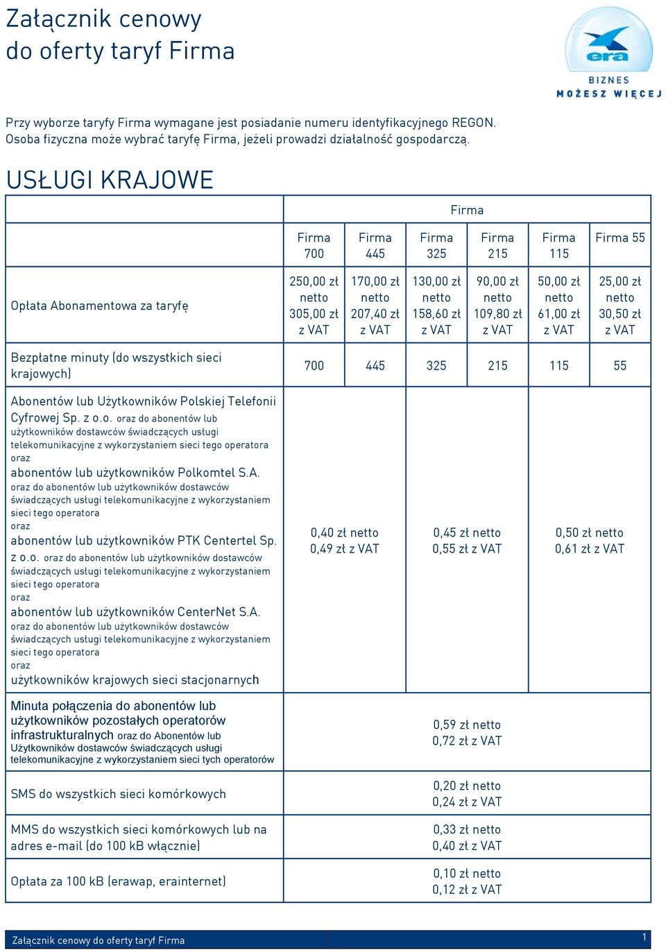 (do wszystkich sieci krajowych) 700 445 325 215 115 55 Abonentów lub Użytkowników Polskiej Telefonii Cyfrowej Sp. z o.o. oraz do abonentów lub użytkowników dostawców świadczących usługi telekomunikacyjne z wykorzystaniem sieci tego operatora oraz abonentów lub użytkowników Polkomtel S.