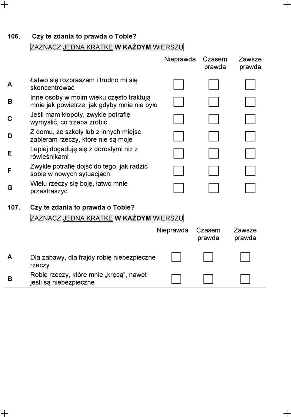 jak gdyby mnie nie było Jeśli mam kłopoty, zwykle potrafię wymyślić, co trzeba zrobić Z domu, ze szkoły lub z innych miejsc zabieram rzeczy, które nie są moje Lepiej dogaduję się z dorosłymi