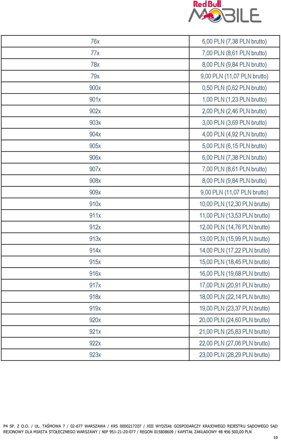 brutto) 6,00 PLN (7,38 PLN brutto) 7,00 PLN (8,61 PLN brutto) 8,00 PLN (9,84 PLN brutto) 9,00 PLN (11,07 PLN brutto) 10,00 PLN (12,30 PLN brutto) 11,00 PLN (13,53 PLN brutto) 12,00 PLN (14,76 PLN