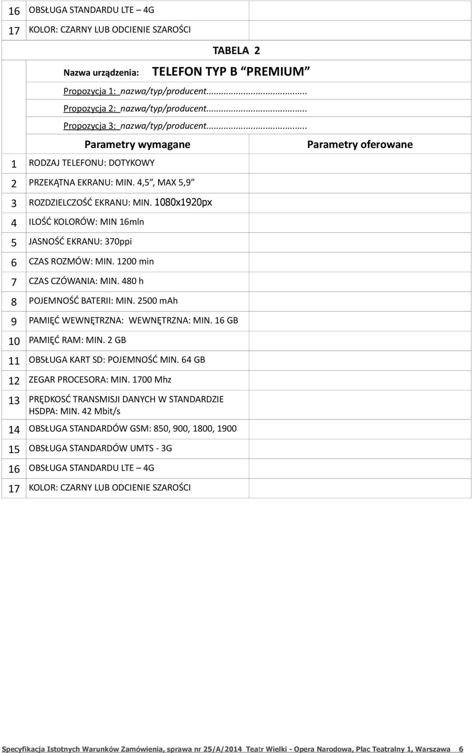 1080x1920px 4 ILOŚĆ KOLORÓW: MIN 16mln 5 JASNOŚĆ EKRANU: 370ppi 6 CZAS ROZMÓW: MIN. 1200 min 7 CZAS CZÓWANIA: MIN. 480 h 8 POJEMNOŚĆ BATERII: MIN. 2500 mah 9 PAMIĘĆ WEWNĘTRZNA: WEWNĘTRZNA: MIN.