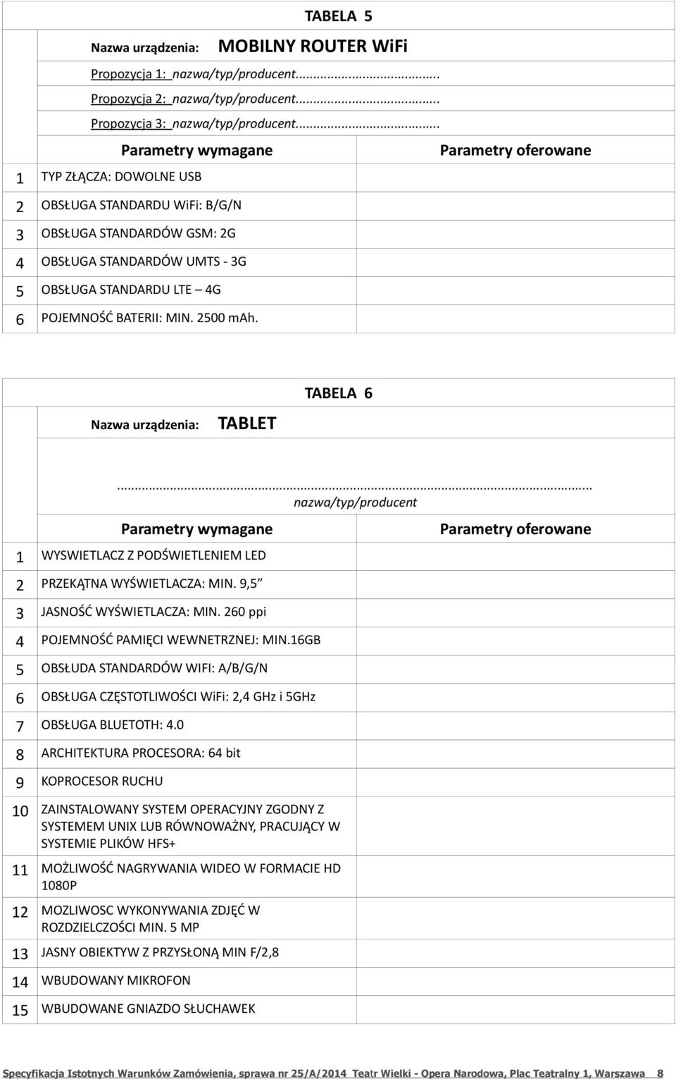 BATERII: MIN. 2500 mah. Nazwa urządzenia: TABLET TABELA 6... nazwa/typ/producent Parametry wymagane 1 WYSWIETLACZ Z PODŚWIETLENIEM LED 2 PRZEKĄTNA WYŚWIETLACZA: MIN. 9,5 3 JASNOŚĆ WYŚWIETLACZA: MIN.