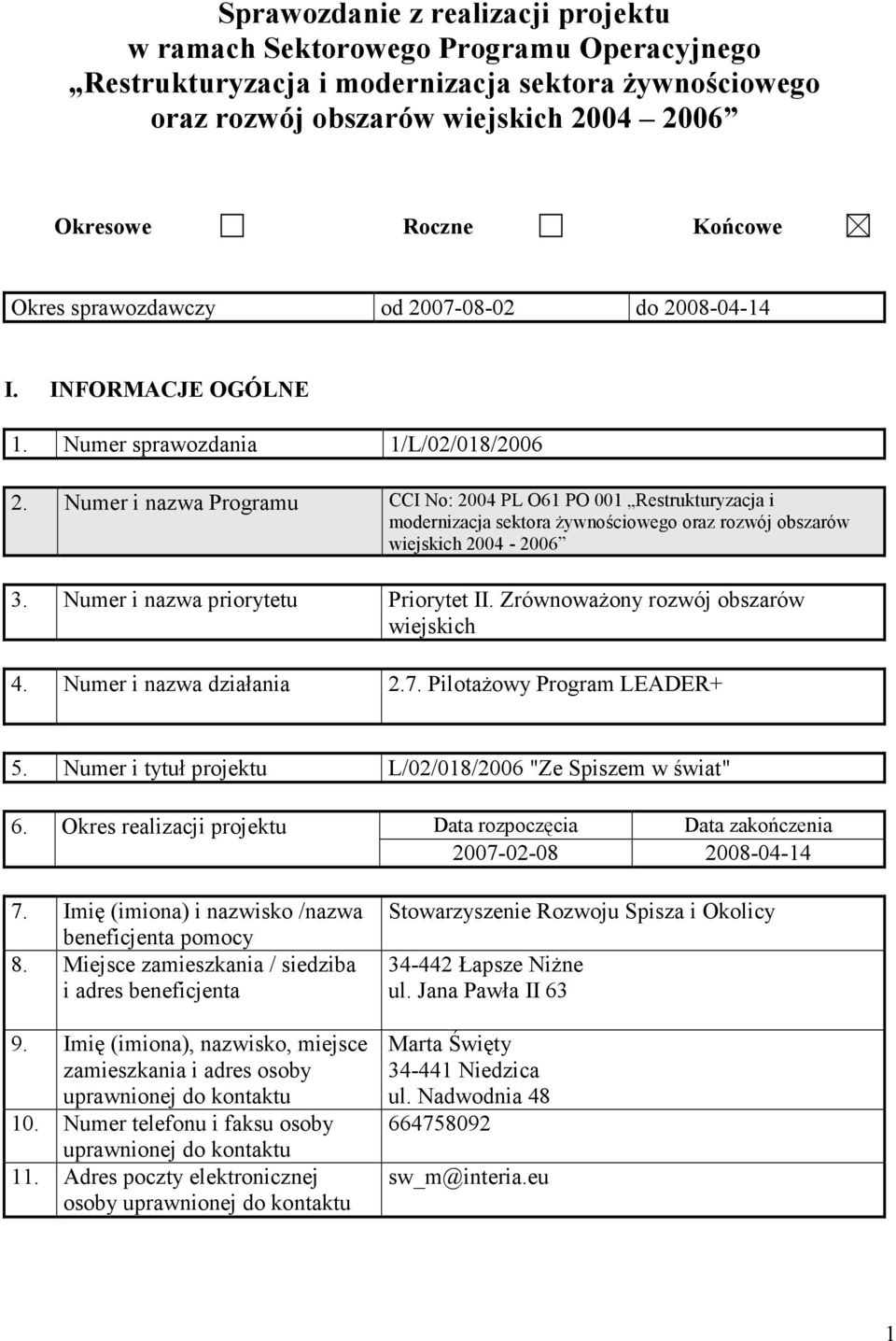 wiejskich 2004-2006 3 Numer i nzw priorytetu Priorytet II ZrównowŜony rozwój obszrów wiejskich 4 Numer i nzw dziłni 27 PilotŜowy Progrm LEADER+ 5 Numer i tytuł projektu L/02/018/2006 "Ze Spiszem w