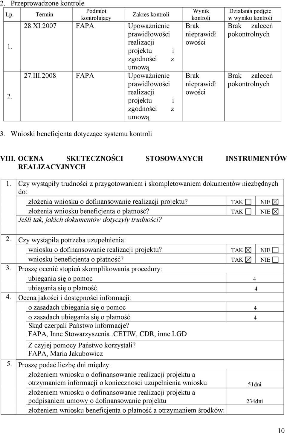 pokontrolnych VIII OCENA SKUTECZNOŚCI STOSOWANYCH INSTRUMENTÓW REALIZACYJNYCH 1 2 3 4 5 Czy wystąpiły trudności z przygotowniem i skompletowniem dokumentów niezbędnych do: złoŝeni wniosku o