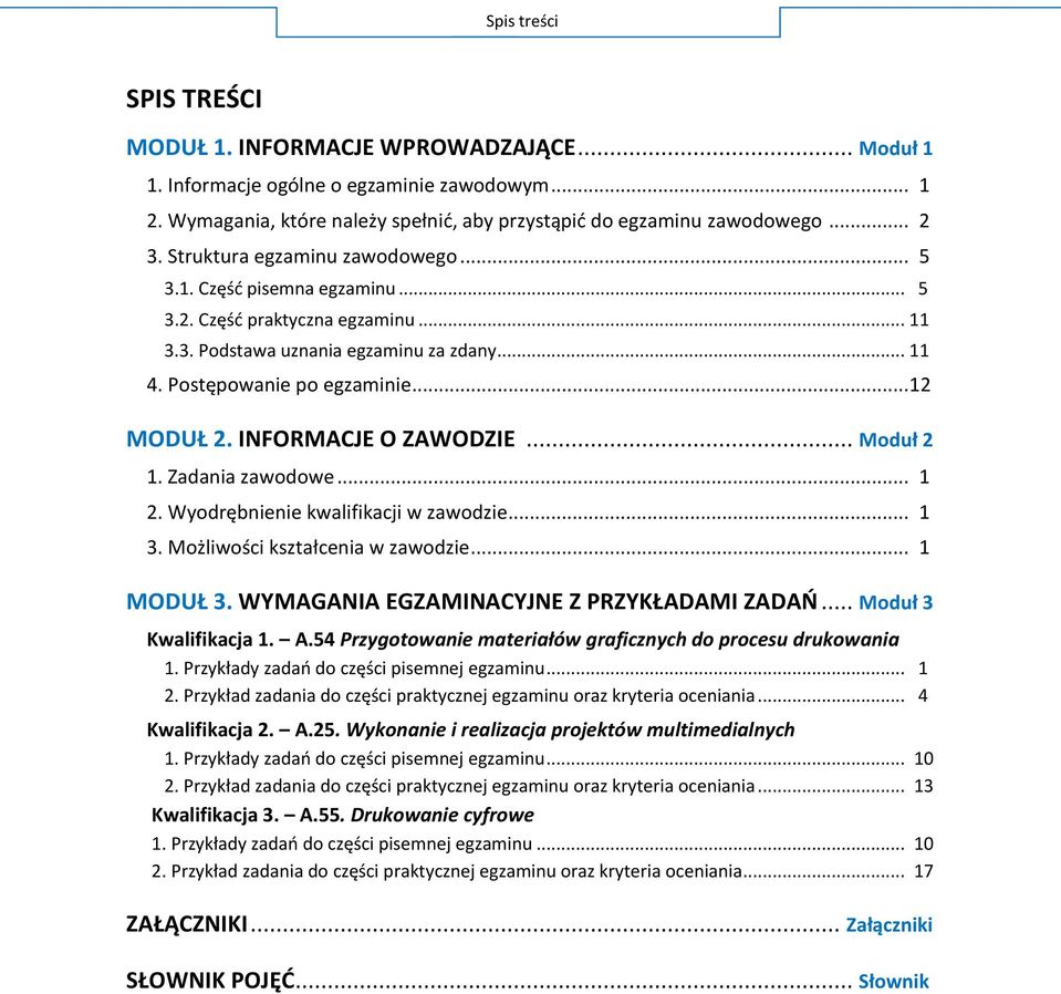 INFORMACJE O ZAWODZIE... Moduł 2 1. Zadania zawodowe... 1 2. Wyodrębnienie kwalifikacji w zawodzie... 1 3. Możliwości kształcenia w zawodzie... 1 MODUŁ 3. WYMAGANIA EGZAMINACYJNE Z PRZYKŁADAMI ZADAO.