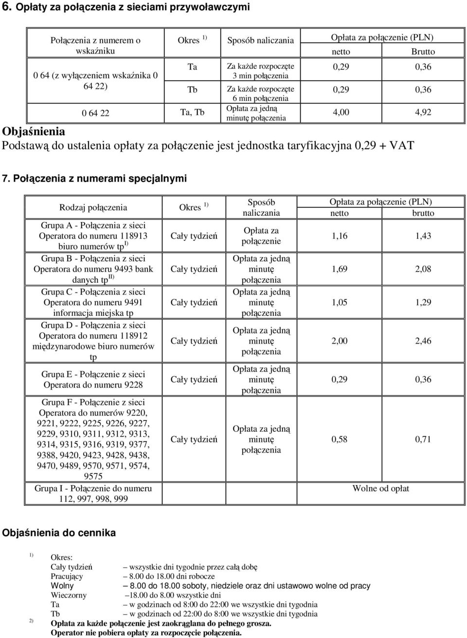 Połączenia z numerami specjalnymi Rodzaj Okres 1) Sposób naliczania Grupa A - Połączenia z sieci Opłata za Operatora do numeru 118913 biuro numerów tp I) Grupa B - Połączenia z sieci Operatora do