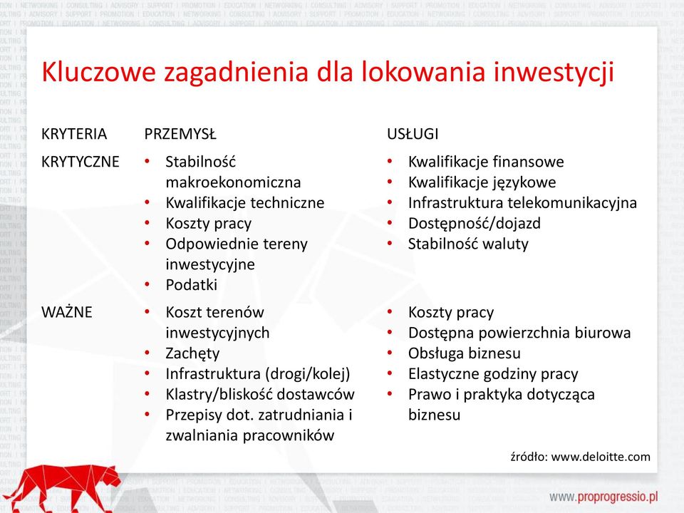 dot. zatrudniania i zwalniania pracowników Kwalifikacje finansowe Kwalifikacje językowe Infrastruktura telekomunikacyjna Dostępność/dojazd