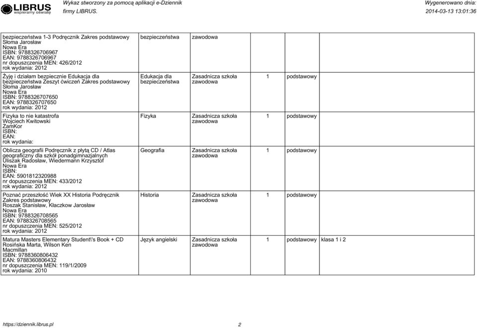 szkół ponadgimnazjalnych Uliszak Radosław, Wiedermann Krzysztof 59080988 nr dopuszczenia MEN: /0 Geografia Poznać przeszłość Wiek XX Historia Podręcznik Zakres Roszak Stanisław, Kłaczkow Jarosław