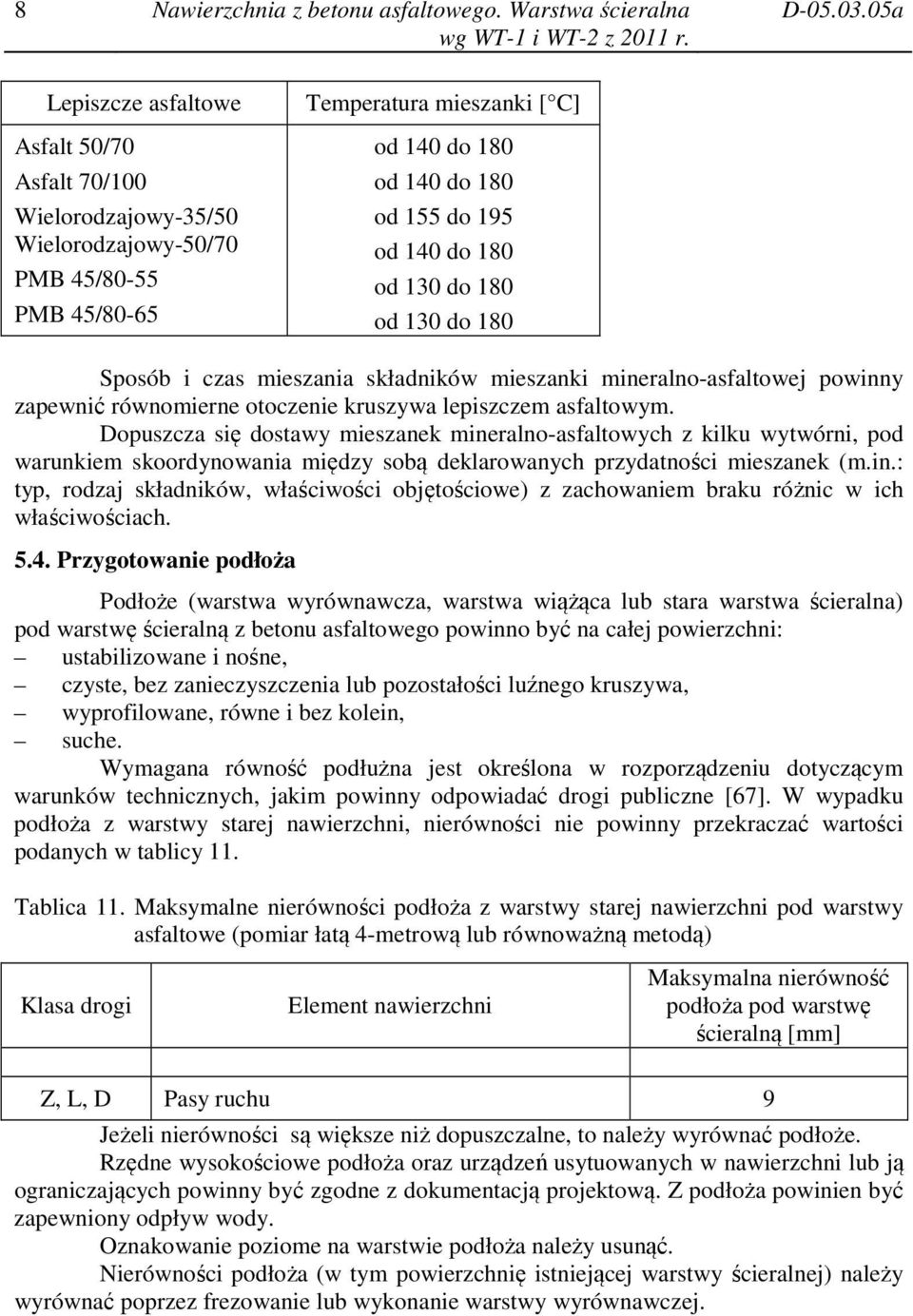 180 od 130 do 180 od 130 do 180 Sposób i czas mieszania składników mieszanki mineralno-asfaltowej powinny zapewnić równomierne otoczenie kruszywa lepiszczem asfaltowym.