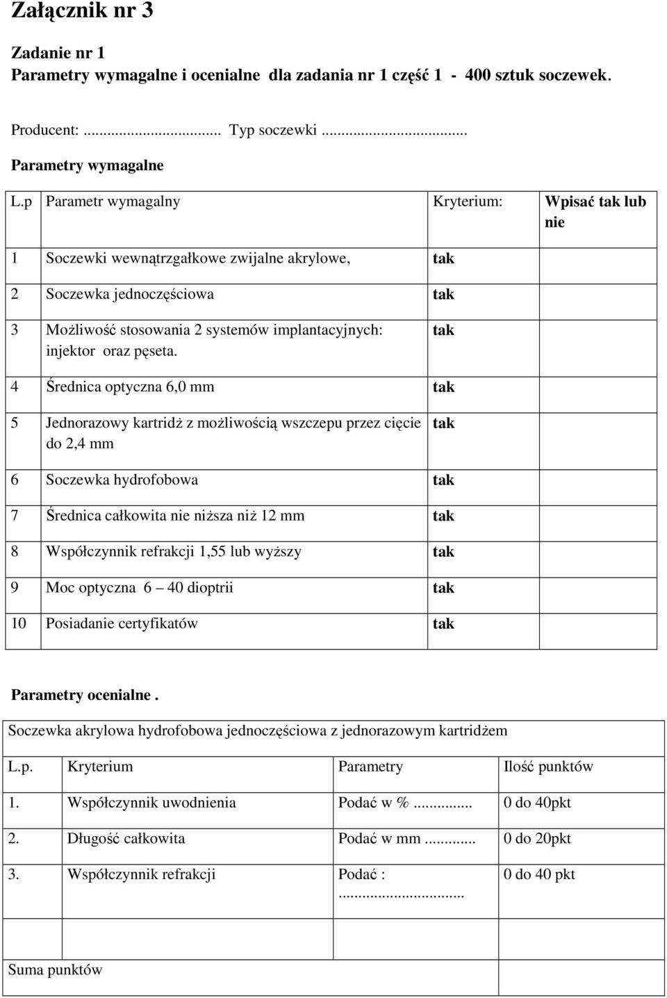 4 Średnica optyczna 6,0 mm 5 Jednorazowy kartridż z możliwością wszczepu przez cięcie do 2,4 mm 6 Soczewka hydrofobowa 7 Średnica całkowita nie niższa niż 12 mm 8 Współczynnik refrakcji 1,55 lub
