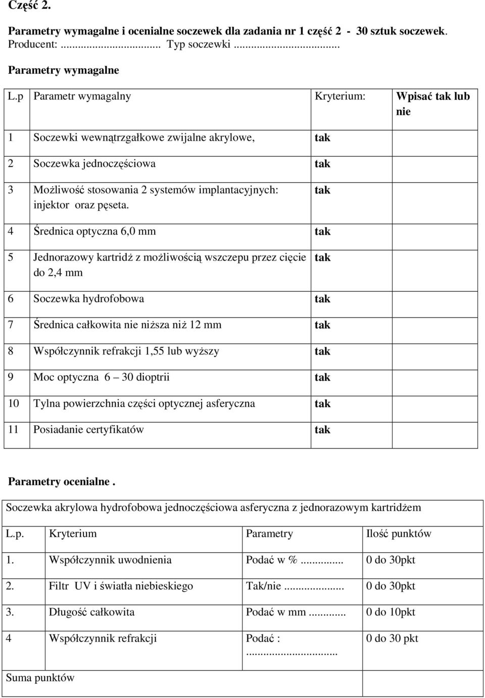 4 Średnica optyczna 6,0 mm 5 Jednorazowy kartridż z możliwością wszczepu przez cięcie do 2,4 mm 6 Soczewka hydrofobowa 7 Średnica całkowita nie niższa niż 12 mm 8 Współczynnik refrakcji 1,55 lub