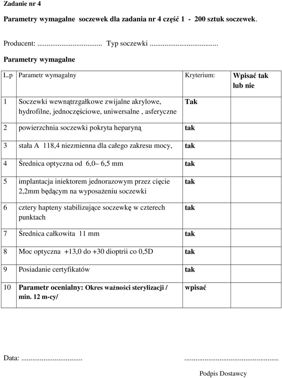 soczewki pokryta heparyną 3 stała A 118,4 niezmienna dla całego zakresu mocy, 4 Średnica optyczna od 6,0 6,5 mm 5 implantacja iniektorem jednorazowym przez cięcie