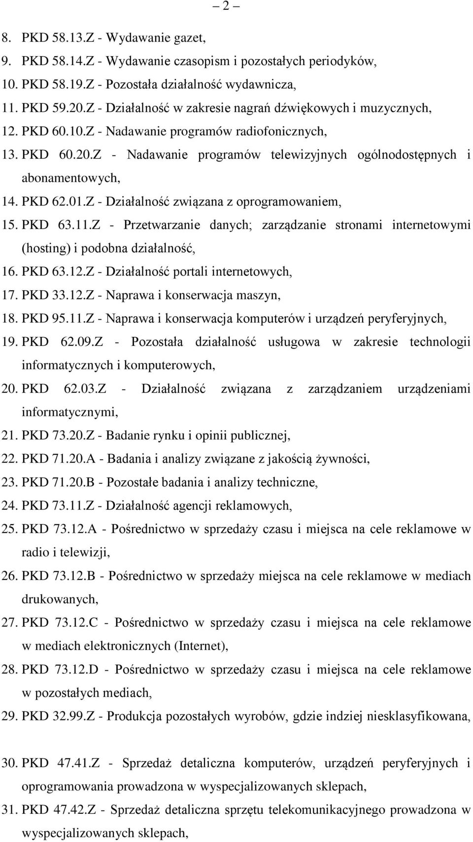 Z - Nadawanie programów telewizyjnych ogólnodostępnych i abonamentowych, 14. PKD 62.01.Z - Działalność związana z oprogramowaniem, 15. PKD 63.11.