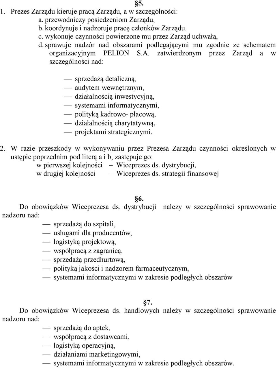 zatwierdzonym przez Zarząd a w szczególności nad: sprzedażą detaliczną, audytem wewnętrznym, działalnością inwestycyjną, systemami informatycznymi, polityką kadrowo- płacową, działalnością