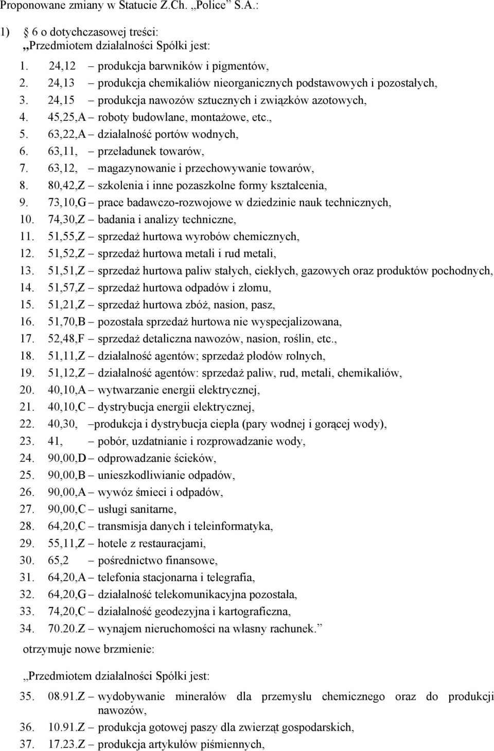 63,22,A działalność portów wodnych, 6. 63,11, przeładunek towarów, 7. 63,12, magazynowanie i przechowywanie towarów, 8. 80,42,Z szkolenia i inne pozaszkolne formy kształcenia, 9.