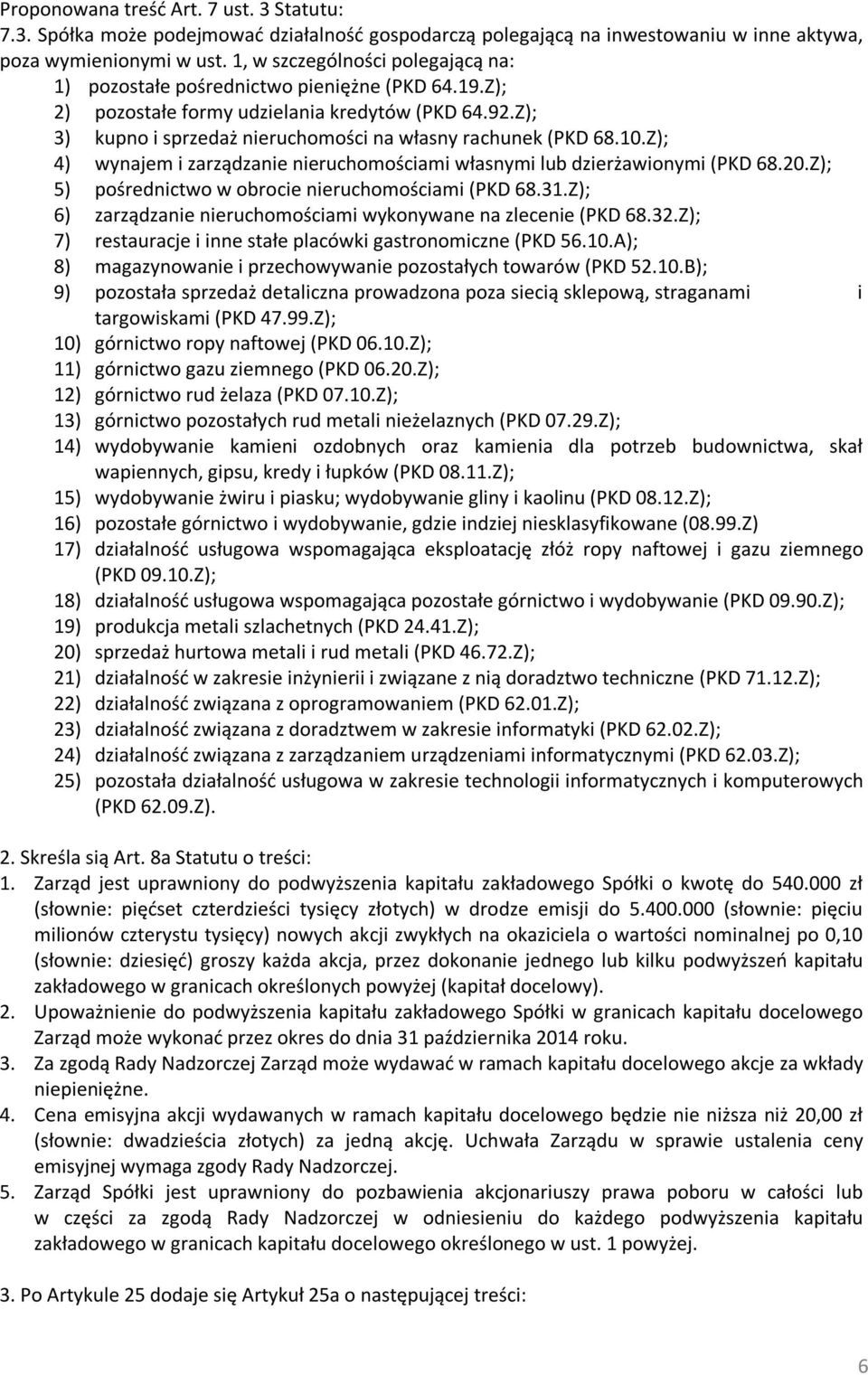 10.Z); 4) wynajem i zarządzanie nieruchomościami własnymi lub dzierżawionymi (PKD 68.20.Z); 5) pośrednictwo w obrocie nieruchomościami (PKD 68.31.