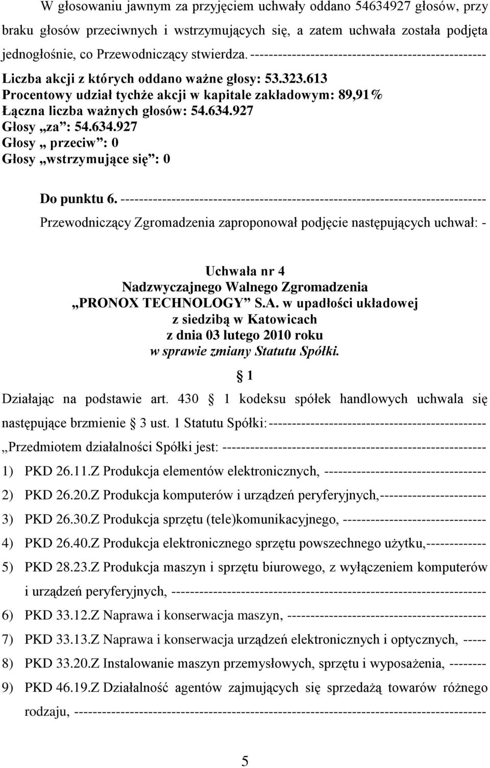 ------------------------------------------------------------------------------- Przewodniczący Zgromadzenia zaproponował podjęcie następujących uchwał: - Uchwała nr 4 Nadzwyczajnego Walnego