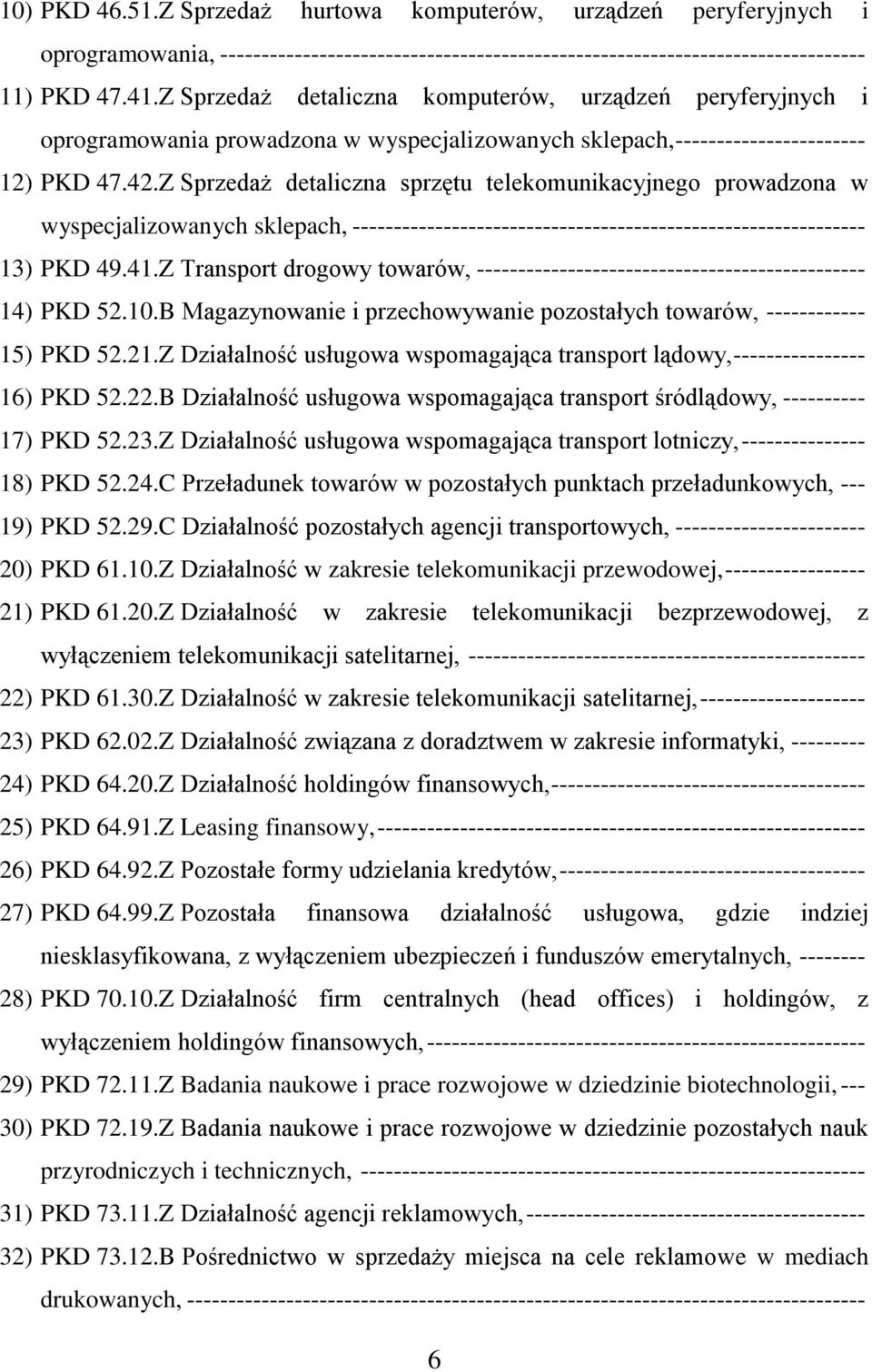 Z Sprzedaż detaliczna sprzętu telekomunikacyjnego prowadzona w wyspecjalizowanych sklepach, -------------------------------------------------------------- 13) PKD 49.41.