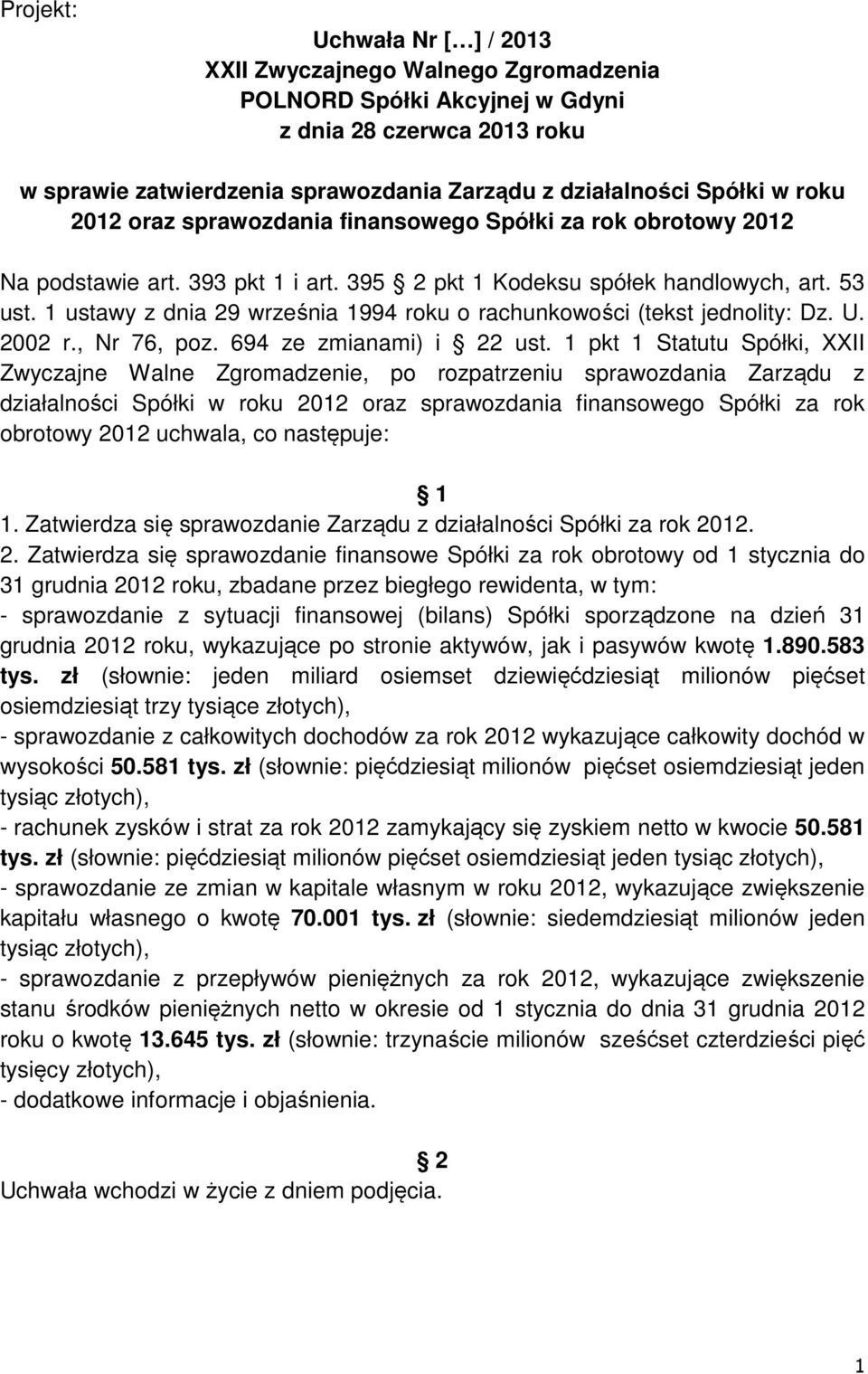 1 pkt 1 Statutu Spółki, XXII Zwyczajne Walne Zgromadzenie, po rozpatrzeniu sprawozdania Zarządu z działalności Spółki w roku 2012 oraz sprawozdania finansowego Spółki za rok obrotowy 2012 uchwala, co