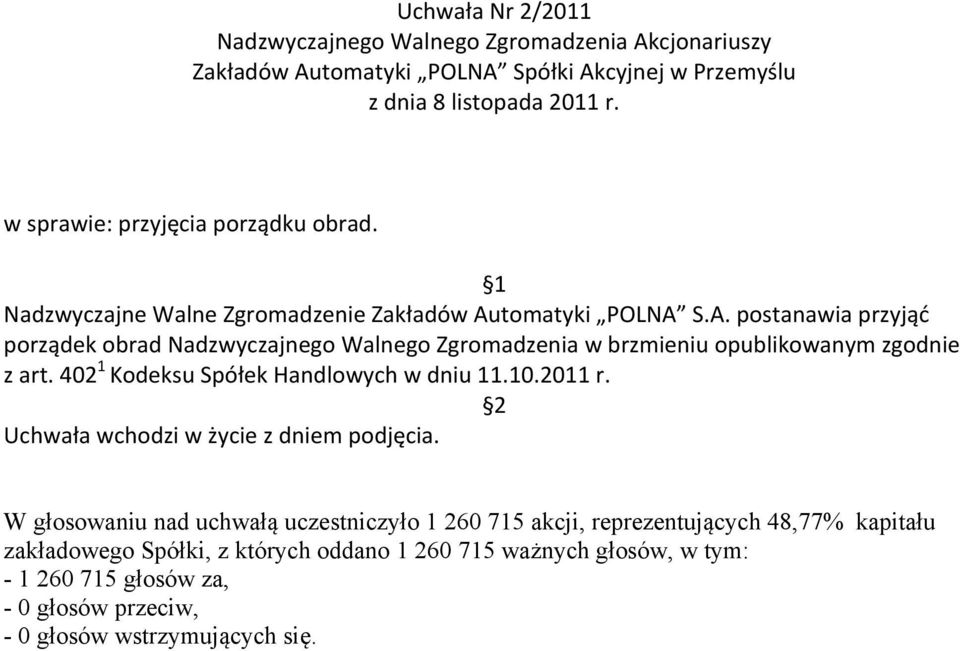 tomatyki POLNA S.A. postanawia przyjąć porządek obrad Nadzwyczajnego Walnego Zgromadzenia w brzmieniu opublikowanym zgodnie z art. 402 1 Kodeksu Spółek Handlowych w dniu 11.