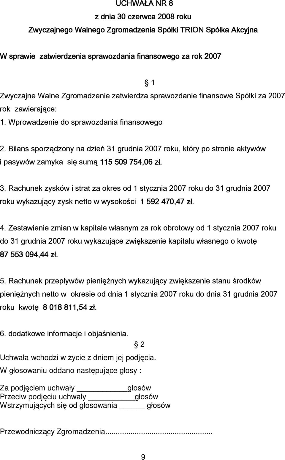 grudnia 2007 roku, który po stronie aktywów i pasywów zamyka się sumą 115 509 754,06 zł. 3.