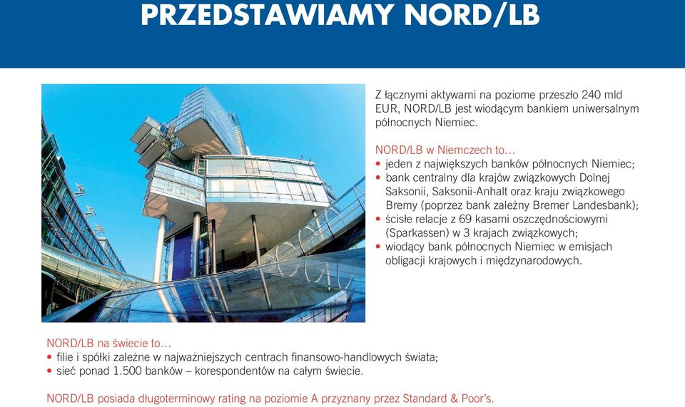 zależny Bremer Landesbank); ścisłe relacje z 69 kasami oszczędnościowymi (Sparkassen) w 3 krajach związkowych; wiodący bank północnych Niemiec w emisjach obligacji krajowych i