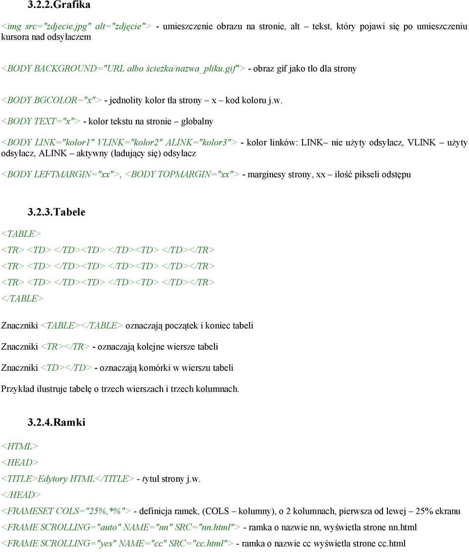 <BODY TEXT="x"> - kolor tekstu na stronie globalny <BODY LINK="kolor1" VLINK="kolor2" ALINK="kolor3"> - kolor linków: LINK nie użyty odsyłacz, VLINK użyty odsyłacz, ALINK aktywny (ładujący się)