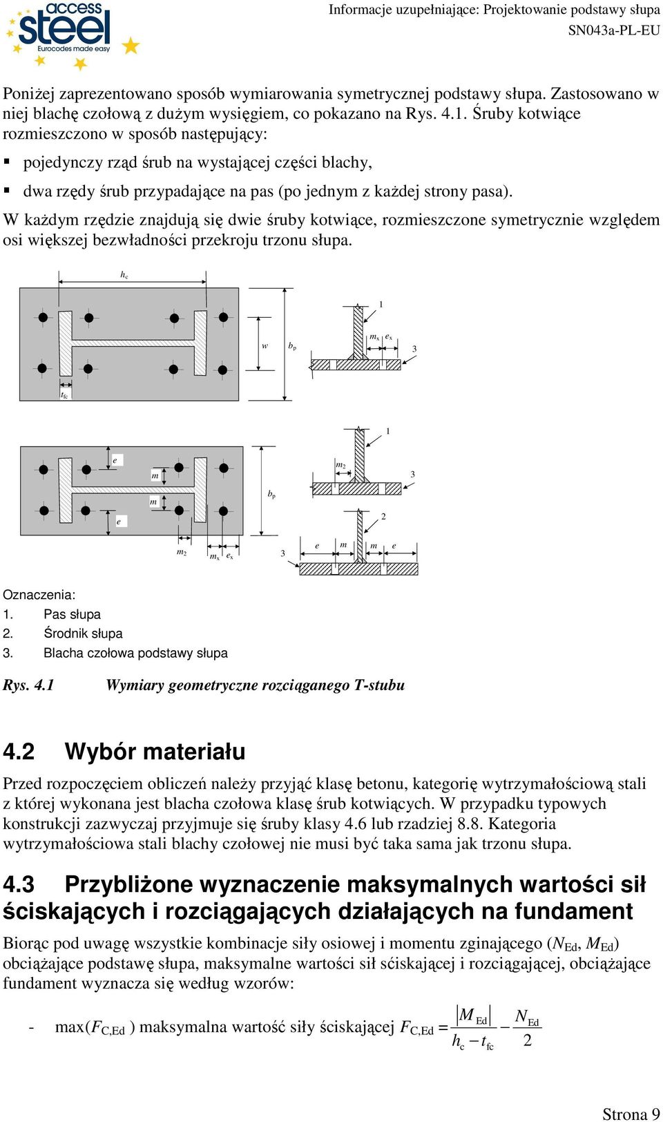 W kaŝdym rędie najdują się dwie śruby kotwiąe, romiesone symetrynie wględem osi więksej bewładnośi prekroju tronu słupa. h 1 w b p m x e x 3 t f 1 e m m 3 e m b p m m x e x 3 e m m e Onaenia: 1.