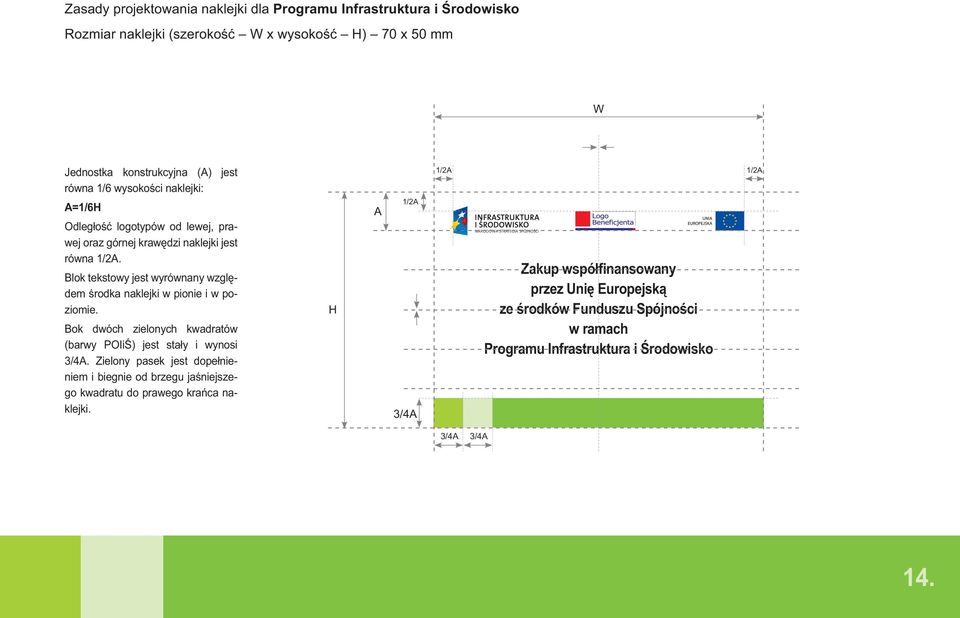 Blok tekstowy jest wyrównany względem środka naklejki w pionie i w poziomie. Bok dwóch zielonych kwadratów (barwy POIiŚ) jest stały i wynosi 3/4A.
