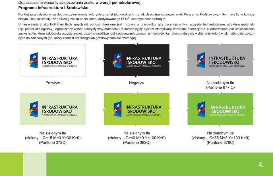 Umieszczenie znaku POIiŚ na tłach innych niż poniżej określone jest możliwe w przypadku, gdy decydują o tym: względy technologiczne, struktura materiału (np.