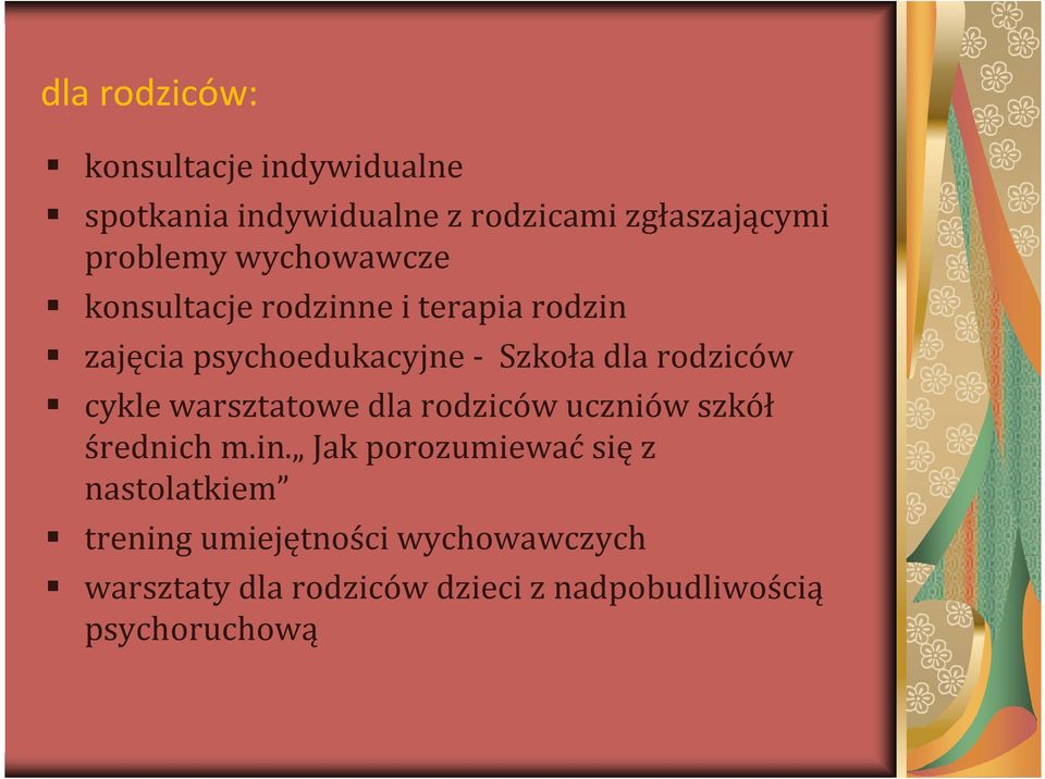 cykle warsztatowe dla rodziców uczniów szkół średnich m.in.