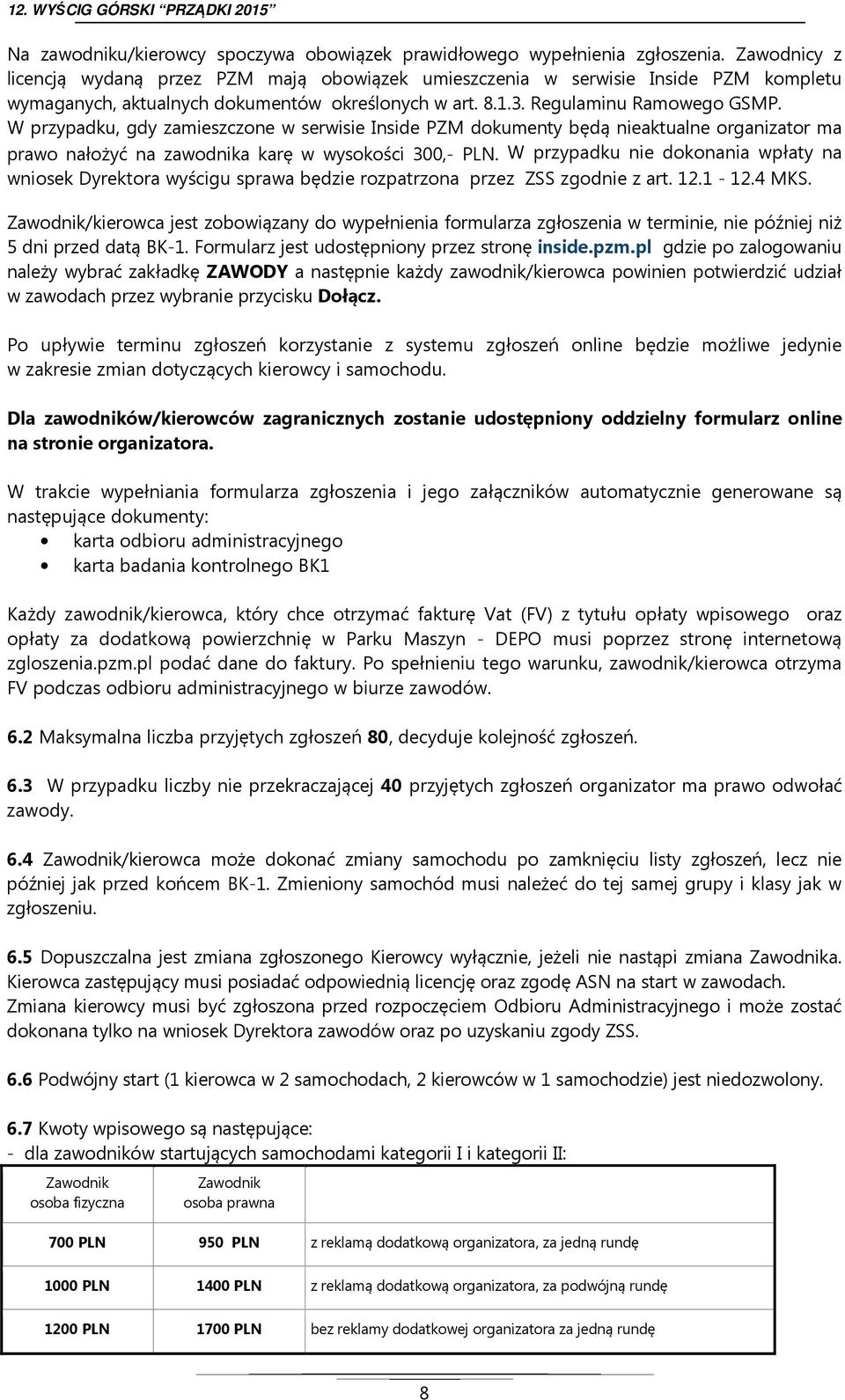 W przypadku, gdy zamieszczone w serwisie Inside PZM dokumenty będą nieaktualne organizator ma prawo nałożyć na zawodnika karę w wysokości 300,- PLN.