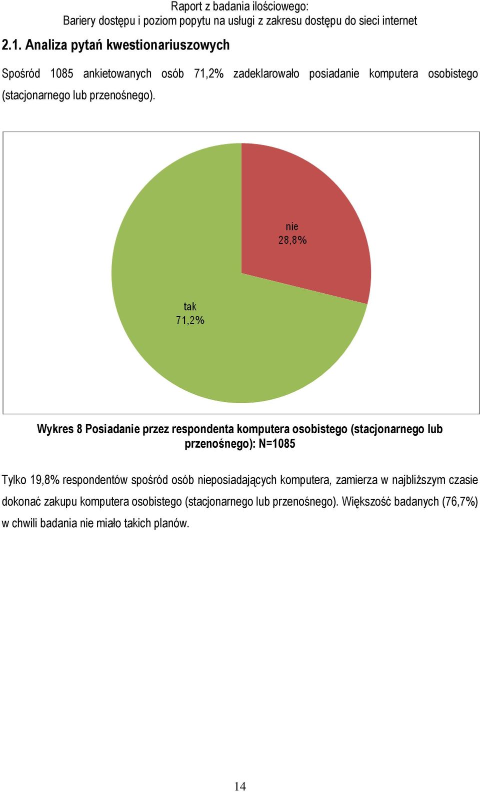 Wykres 8 Posiadanie przez respondenta komputera osobistego (stacjonarnego lub przenośnego): N=1085 Tylko 19,8%