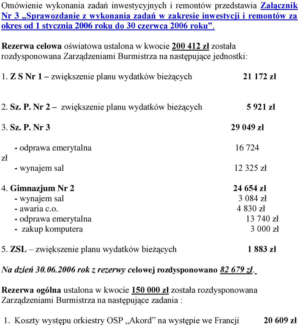 Nr 2 zwiększenie planu wydatków bieżących 5 921 zł 3. Sz. P. Nr 3 29 049 zł zł - odprawa emerytalna 16 724 - wynajem sal 12 325 zł 4. Gimnazjum Nr 2 24 654 zł - wynajem sal 3 084 zł - awaria c.o. 4 830 zł - odprawa emerytalna 13 740 zł - zakup komputera 3 000 zł 5.