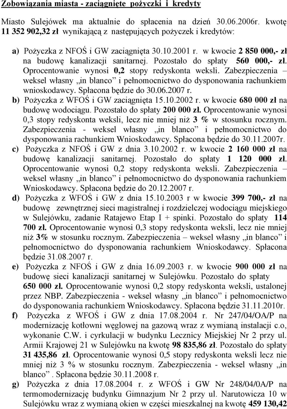 Pozostało do spłaty 560 000,- zł. Oprocentowanie wynosi 0,2 stopy redyskonta weksli. Zabezpieczenia weksel własny in blanco i pełnomocnictwo do dysponowania rachunkiem wnioskodawcy.